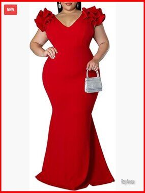 Plus Size Maxi Dress V-Neck Ruffle Sleeves Bodycon Mermaid Evening Gown Formal